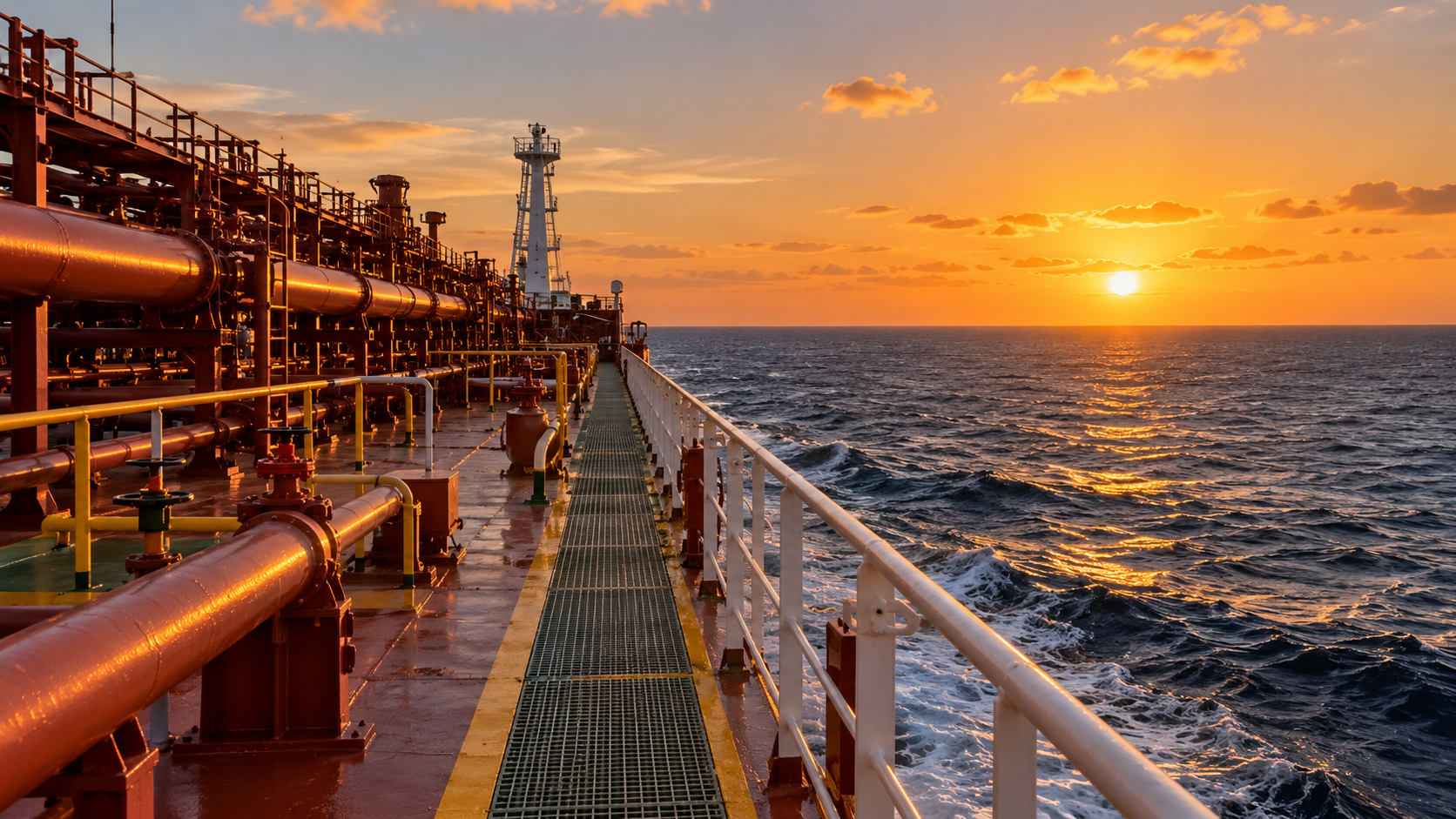 Tanker deck and open ocean at sunset