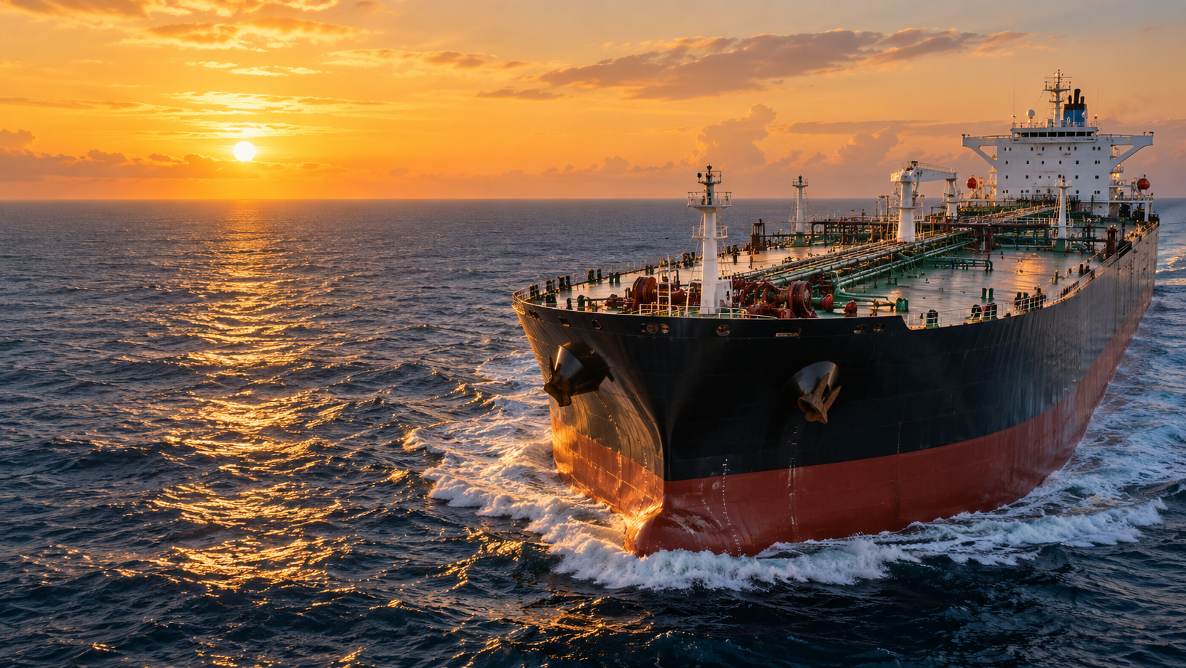 Oil tanker underway on the ocean at sunset