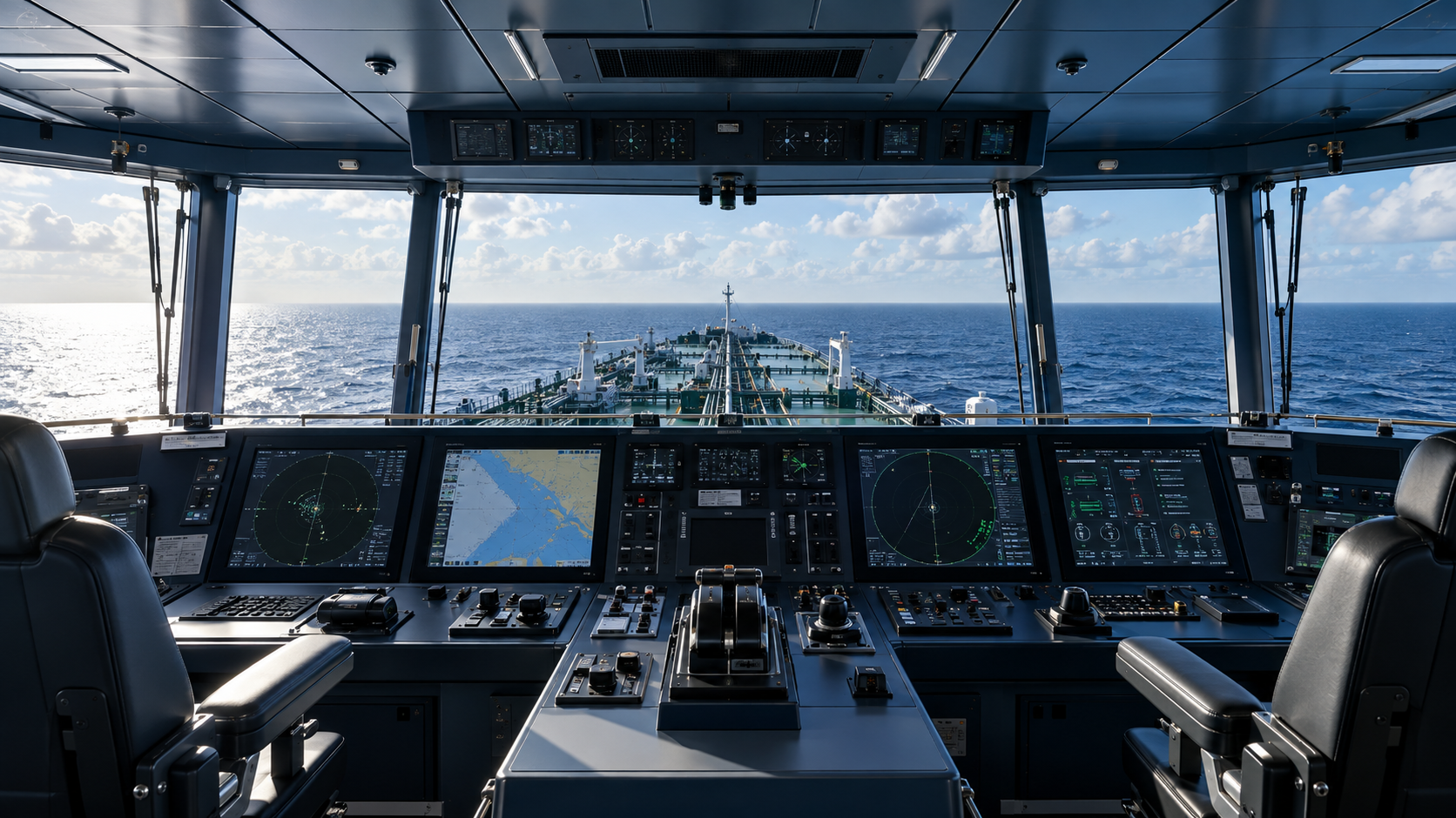 Navigation consoles on a commercial vessel bridge